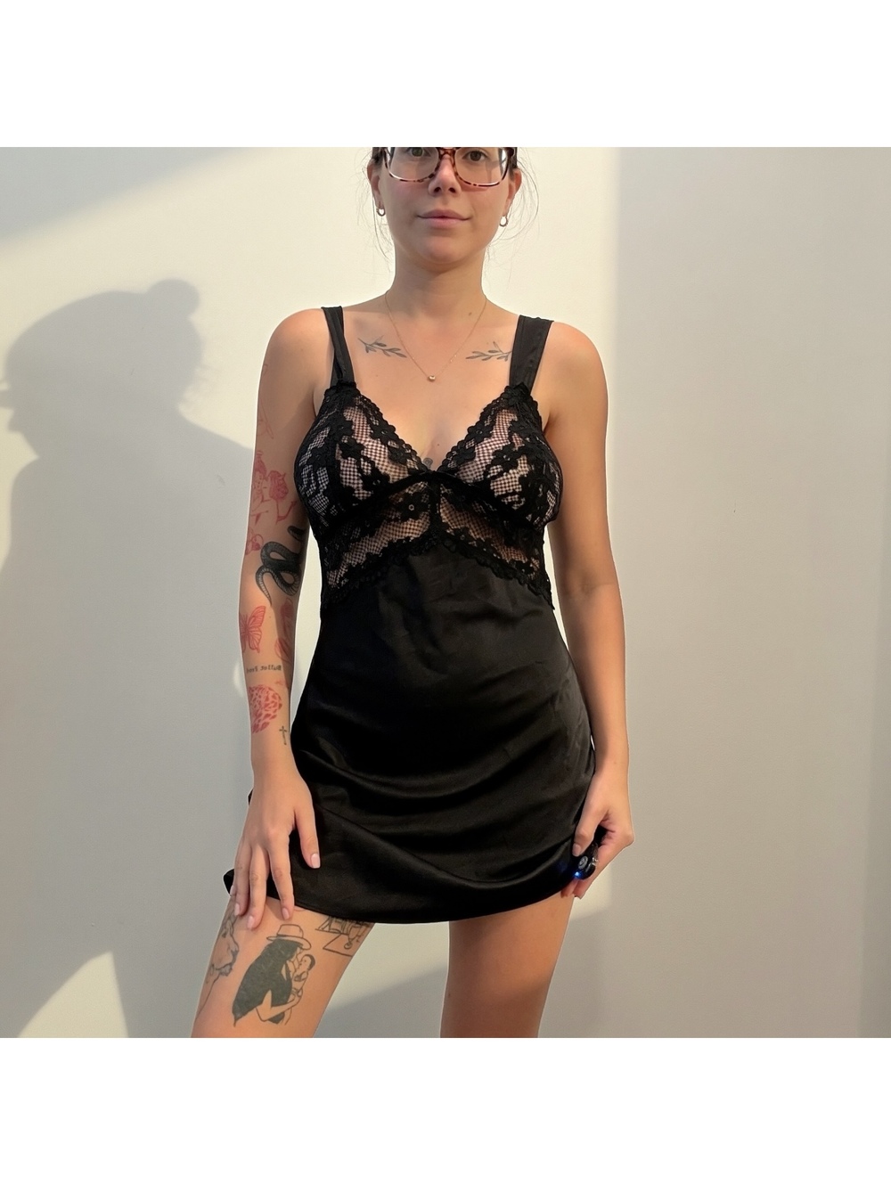 Lioness Black Satin Lace Mini Slip Dress